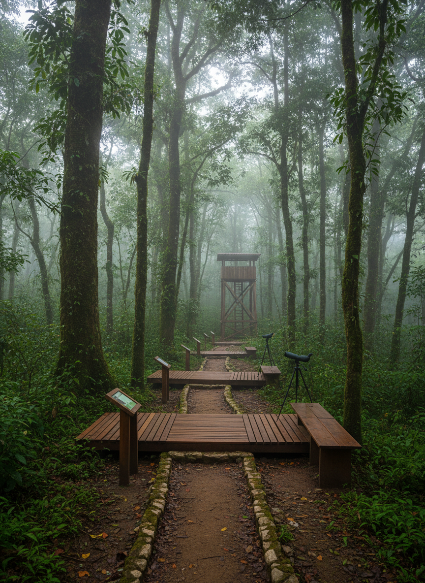 A wide photographic view of a carefully designed interpretive trail for scientific tourism in Sierra de las Minas, a narrow, well-maintained path winding through dense, towering cloud forest. Along the trail, simple wooden observation platforms, discrete information posts without legible text, and a small, unobtrusive canopy tower rise amidst the trees. No people are present, but strategically placed spotting scopes and benches imply visiting researchers and eco-tourists. Soft morning mist drifts between trunks, while cool, diffused light accentuates deep greens and earthy browns. Shot from slightly above eye level, the composition leads the viewer’s eye along the path into the distance, creating a sense of calm exploration and responsible access to extraordinary biodiversity.