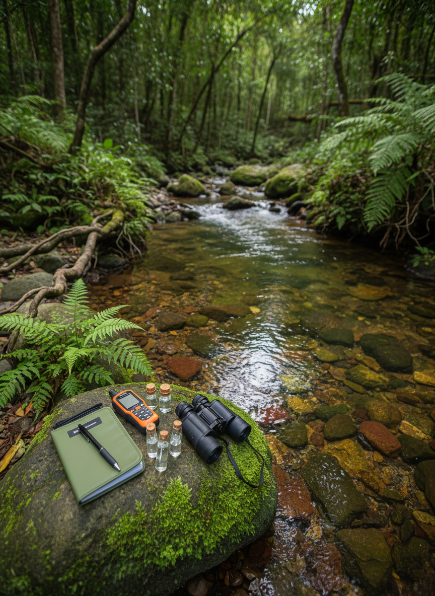 A close photographic view of a lush, shaded Sierra de las Minas stream, crystal-clear water flowing over smooth, multicolored stones, bordered by dense green ferns, moss, and tangled roots. On a mossy rock beside the water rests a neatly arranged collection of field research tools: a rugged waterproof notebook, a GPS device, sample vials, and a pair of binoculars, all carefully placed without any human presence. Soft diffused forest light filters through the canopy above, creating dappled highlights on the water’s ripples and subtle reflections of leaves. Shot from an eye-level angle with moderate depth of field, the background forest softly blurs, focusing attention on the research setup. The mood is calm, methodical, and inquisitive, evoking professional biodiversity fieldwork in a pristine, protected environment.